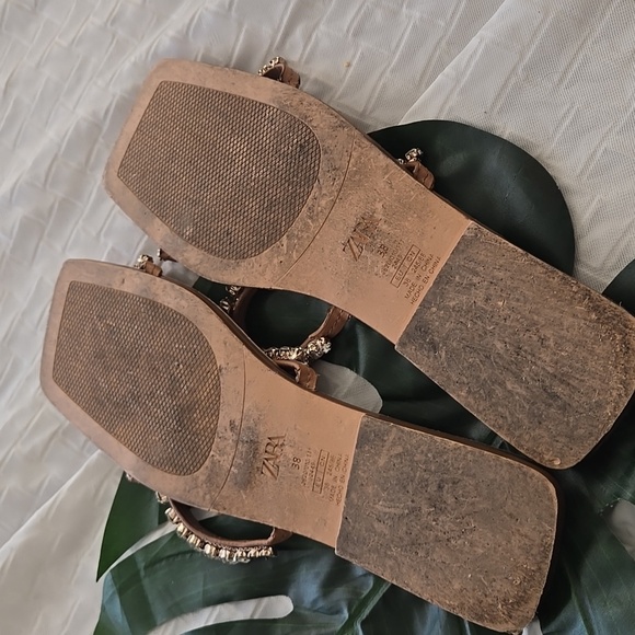 Zara Rhinestone Embellished Tan Sandals Summer Shoes - Picture 7 of 8